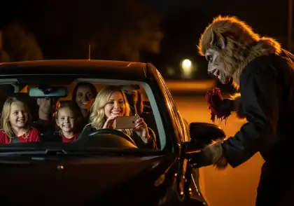 Driver distracted by taking photo while person in costume approaches car on Halloween night
