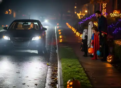 Driver slowing down for children trick-or-treating on a Halloween night