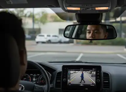 Driver using rearview camera while backing up and watching a pedestrian walk behind the car