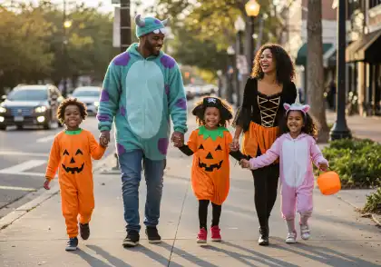 Family in costumes trick-or-treating safely on a sidewalk