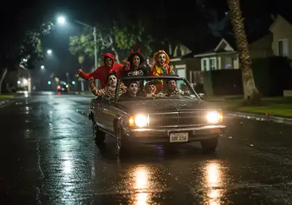 Group of costumed adults riding in a car at night, highlighting risks of impaired late-night driving