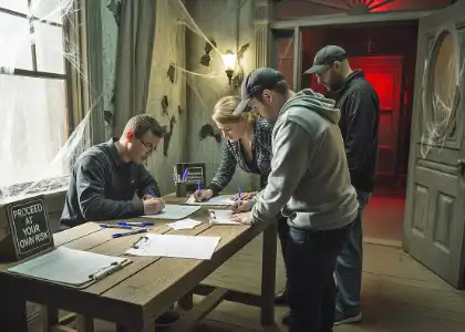 Guests filling out liability waivers at a haunted house entrance for the legal concept of assumption of risk