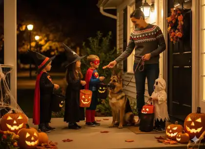 Homeowner giving candy to trick-or-treaters while keeping a calm dog on a leash