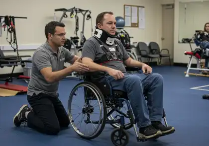Injured accident victim in wheelchair undergoing rehabilitation therapy