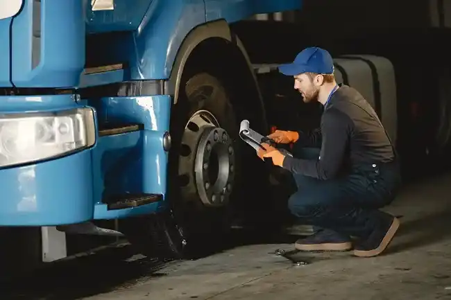 Inspector checking wheels to avoid truck accident