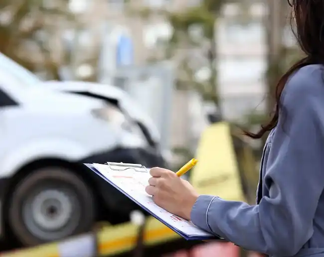 Insurance agent checking damage cost from bus accident