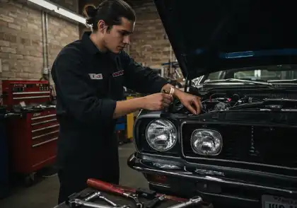 Mechanic adjusting car headlights to prevent glare-related accidents