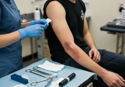 Medical professional treating a patient’s severe road rash injury