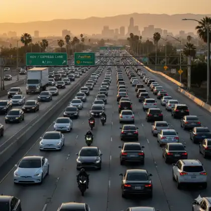 Motorcycles navigating heavy traffic on a California freeway at sunset