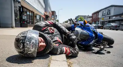 Motorcyclist injured on the road after crash with damaged bike
