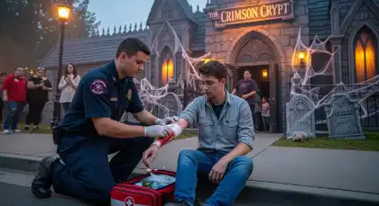 Paramedic treating an injured person outside a haunted house attraction