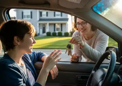 Parent handing car keys to teenage driver