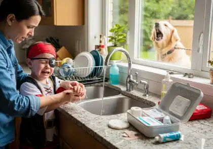 Parent rinsing a child’s hand under running water after a dog bite, with the dog barking outside the window