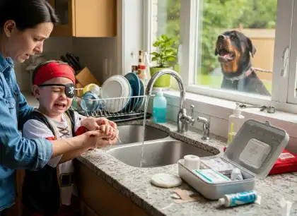 Parent treating a child’s hand after a dog bite at home