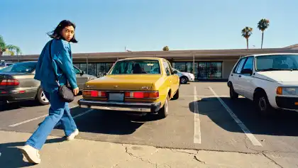Pedestrian walking through a parking lot near moving vehicles