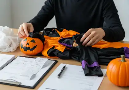 Person examining Halloween costumes with documents and small pumpkins on a desk