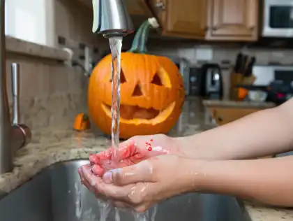 Person rinsing a cut under running water after a pumpkin carving accident in the kitchen