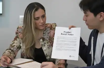 Person showing a โProduct Recall Noticeโ document to another individual during a discussion about a defective product claim