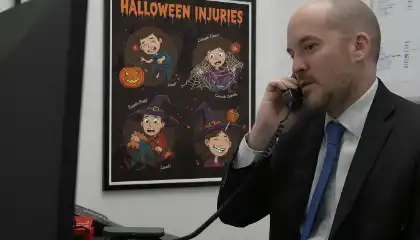 Personal injury lawyer speaking on the phone in an office with a โHalloween Injuriesโ poster on the wall