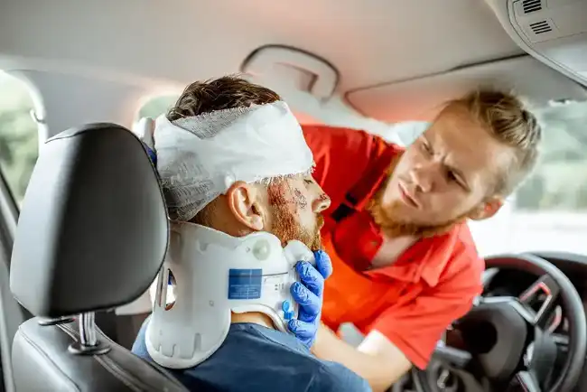 Rescuer assisting victim of catastrophic injuries