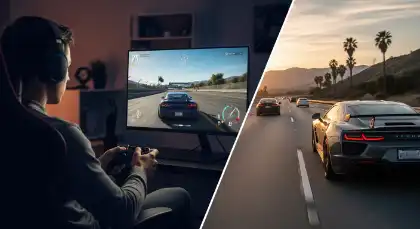 Split image of a person playing a racing video game and real cars on the highway