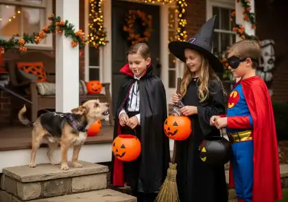 Three children in Halloween costumes meeting a leashed dog on a decorated porch