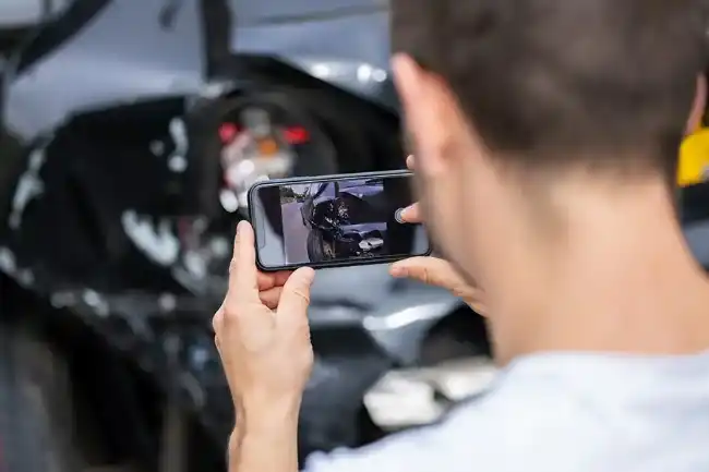 Traffic accident victim taking pictures for evidence