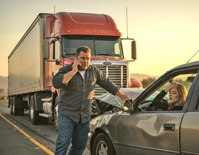 Truck driver calling 911 for an injured car occupant in a truck accident