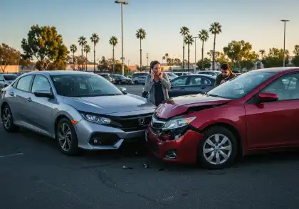 Two damaged cars in a parking lot after a crash, with drivers assessing the accident