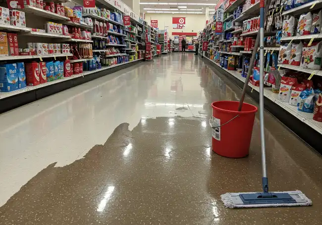 Wet floor hazard in a Target store aisle causing slip and fall risk