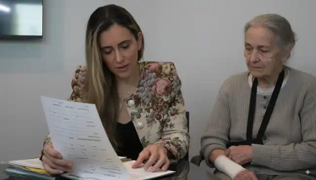 a lawyer explaining the details of the accident claim to an elderly woman