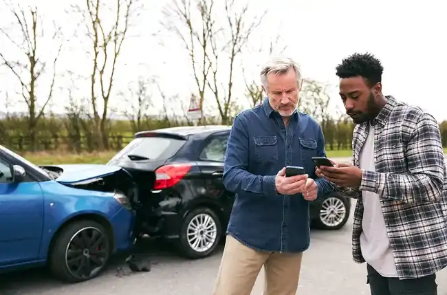 an elderly and a man exchanging information related to their car accident