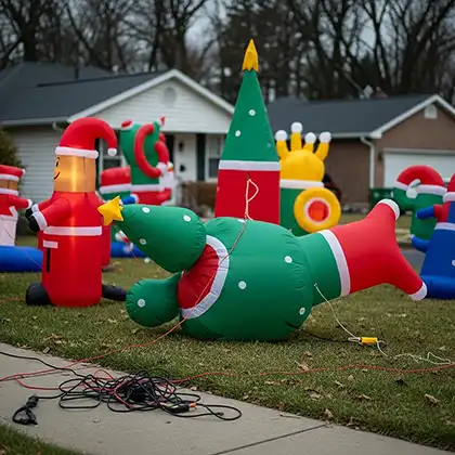inflatable decorations not tied down and scattered loose wires