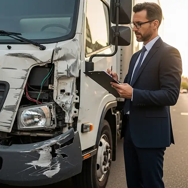 insurance agent checking the damages on the delivery truck