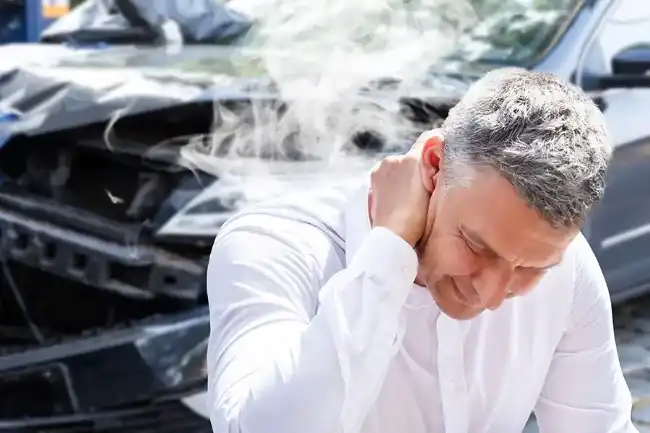 man holding his neck after being involved in traffic accident