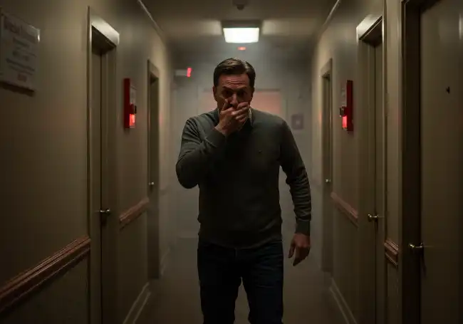 man running out the corridor of a burning apartment building