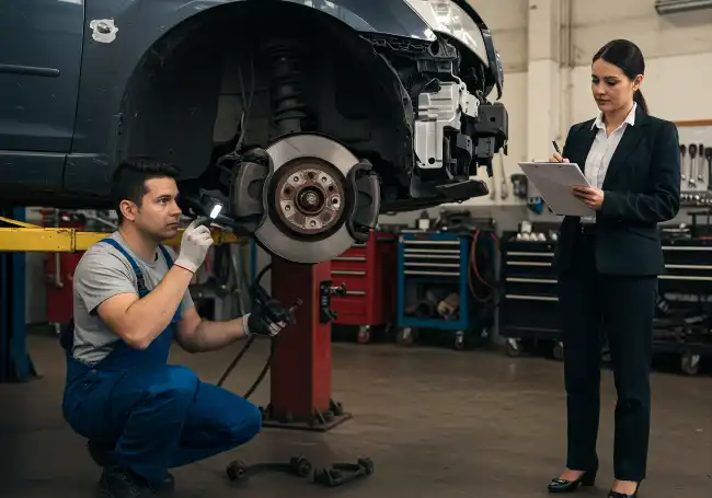 mechanic and inspector checking the brakes of a car involved in an accident
