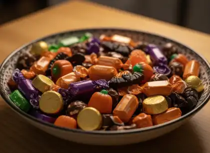 Bowl of assorted Halloween candies posing potential allergy and choking hazards