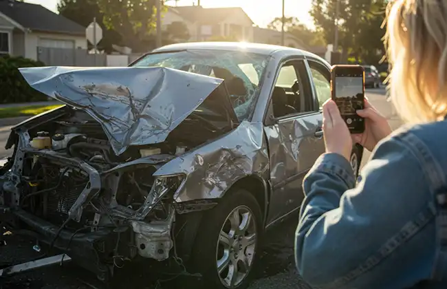 A victim taking photos of their damaged vehicle after a car accident in Fontana