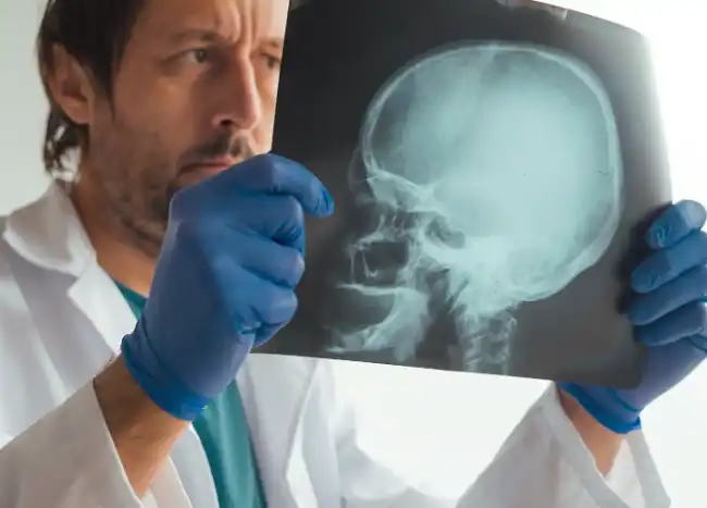Doctor examines brain injury scan result
