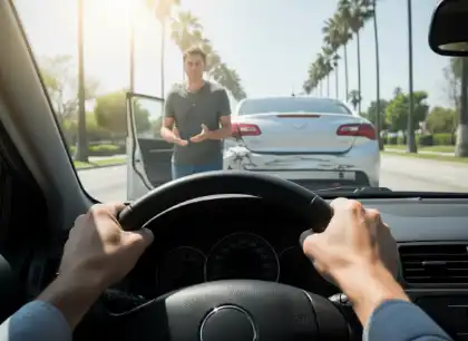Driver in car after rear-ending another vehicle while the front driver steps out to assess the damage
