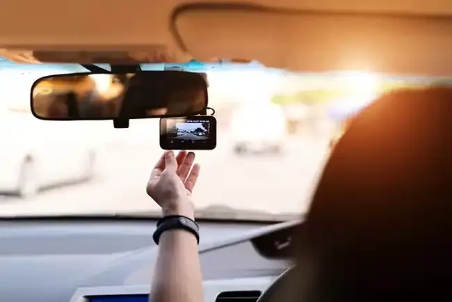 Lyft driver setting up a dashcam to record evidence after a Lyft accident