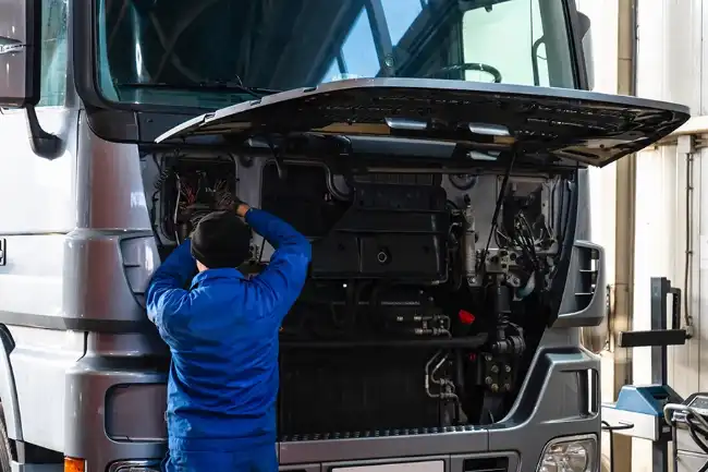 Mechanic checking truck machine to avoid accident