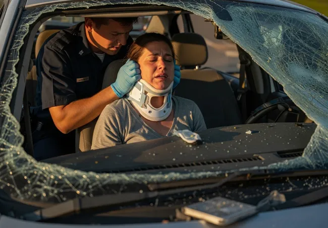 Medical responder aiding a woman with a spinal injury after a car accident