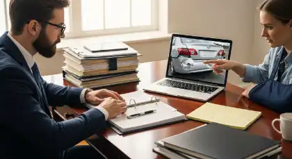 Personal injury lawyer reviewing rear-end accident photos with a client during a legal consultation