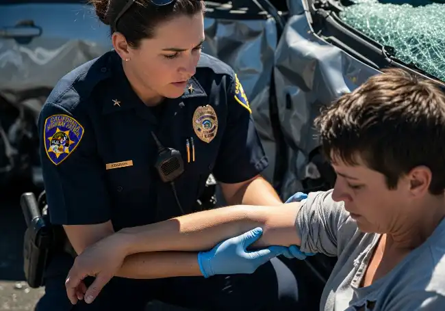 Police officer assisting an injured crash victim after a rideshare accident