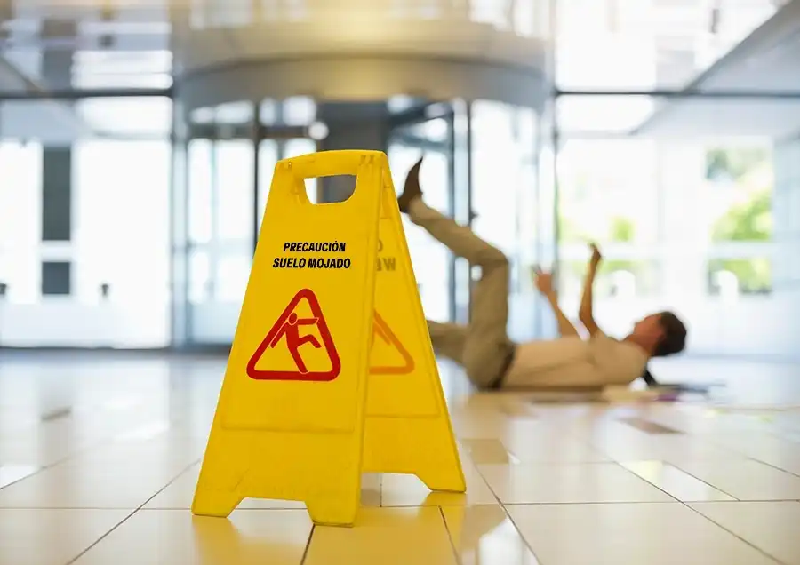 Señal de ‘suelo mojado’ con un cliente cayendo por un peligro en la propiedad