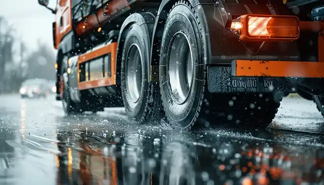 Speeding truck on wet road can cause accident