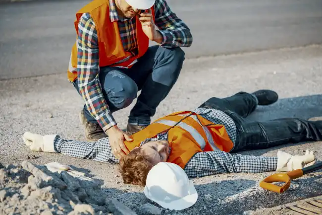 Trabajador lesionado en un sitio de construcción recibiendo ayuda tras un accidente fatal