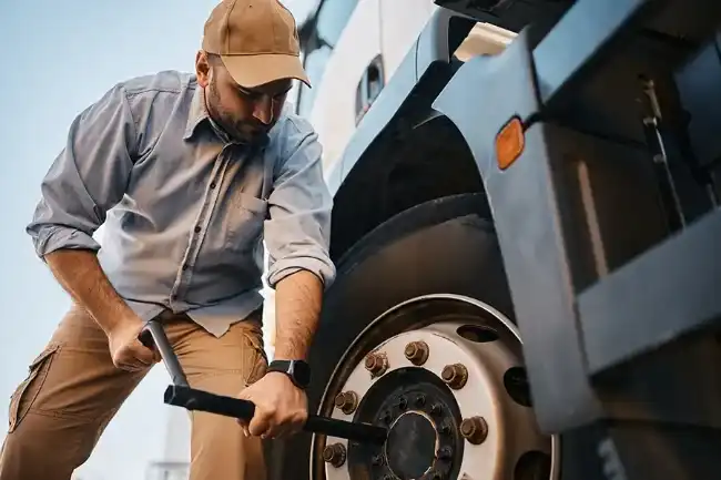 Truck driver replacing old tire to avoid accident